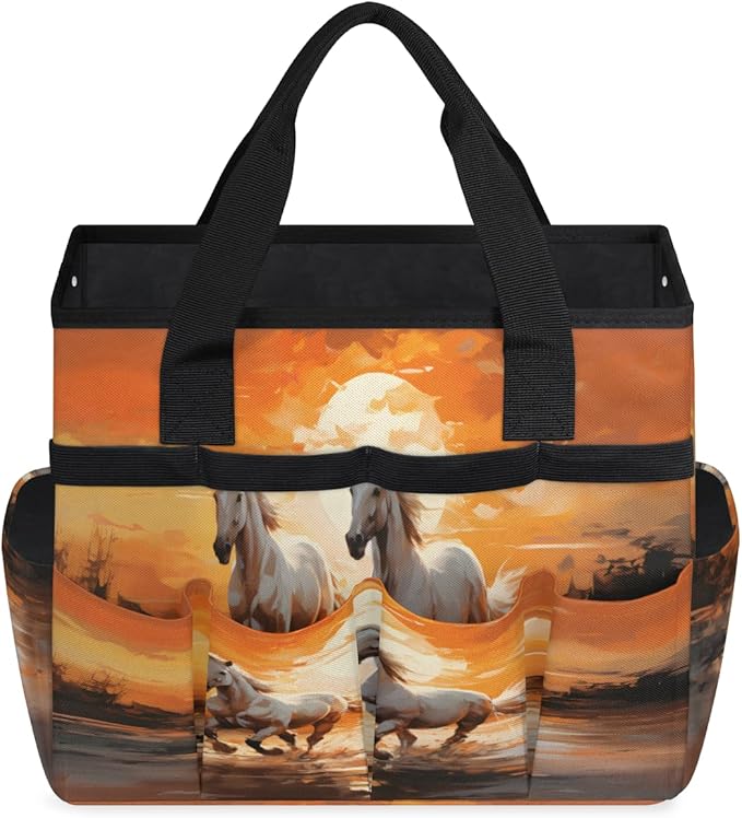 Sunset Horse Garden Tool Bag for Women Men Garden Storage Tote Bag with 10 Pockets &amp Handle Gardening Tool Organizer for Garden Patio Indoor Outdoor