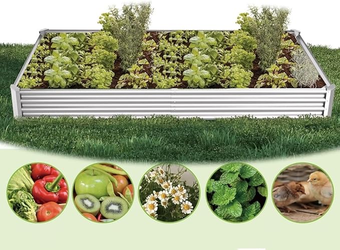 Galvanized Raised Garden Bed Kit Outdoor Planter Box Metal Patio Kit Planting Raised Beds Raised Garden Bed for Flower Planters Vegetables Herb (Silver 8×4×1ft)
