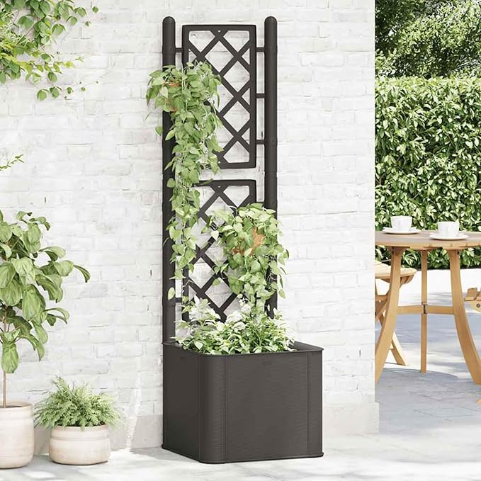 Garden Raised Bed with Trellis and Self-Watering System – Anthracite 4?x4?x5? 35L Capacity UV-Resistant Plastic Rattan-Style Includes Water Level Indicator