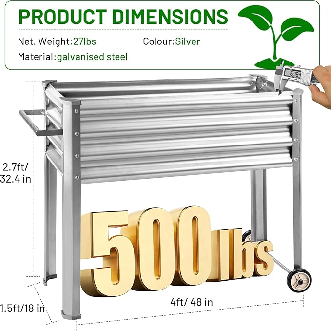 Land Guard 2 Pack Galvanized Raised Garden Bed with Legs &amp Wheels 48×18×32in Metal Elevated Raised Planter Box for Backyard Patio Balcony 500lb Capacity Silver