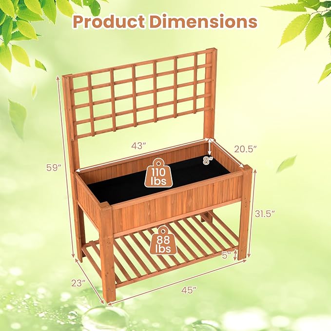 Raised Garden Bed Wooden Elevated Planter with Trellis &amp Storage Shelf All-in-One Planter for Patio Yard Balcony Outdoor Garden Enthusiasts Brown