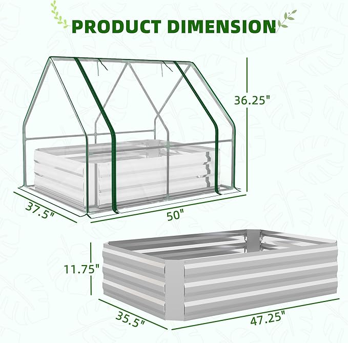 Outsunny 4 x 3 x 3ft Raised Garden Bed with Mini Greenhouse Galvanized Raised Garden Bed with Cover for Herbs and Vegetables Small Greenhouse for Patio Garden Balcony Clear and Gray