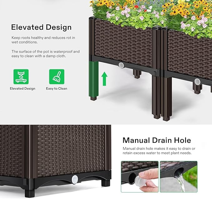 Elevated Planters Raised Garden Beds Plastic Vegetables Plant Raised Bed Kits Herbs Flowers Growing Box with Legs &amp Drainage Holes for Garden Patio Balcony Restaurant Brown