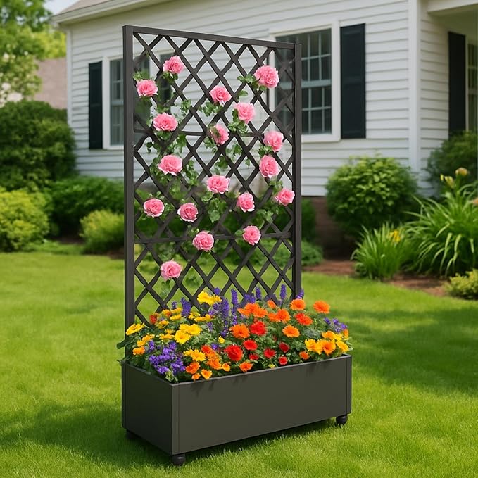 PeakPursuit 72x35IN Metal Planter Box with Trellis and Wheels-Indoor and Outdoor Privacy Screen Planters Heavy Duty Raised Garden Bed with Trellis for Patio and Yard