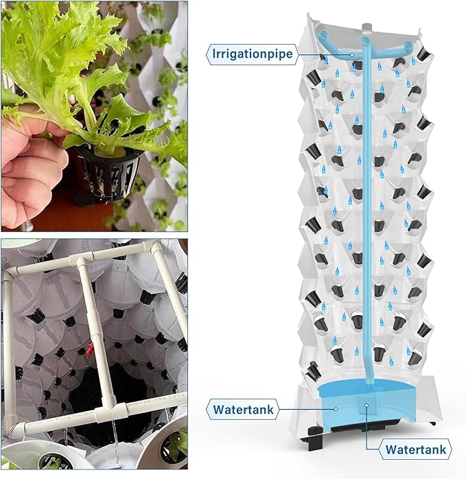 Hydroponic Tower Growing System 10 Layers 80 Pots with Water Pump Indoor Outdoor Hydroponics Planter Kit Vertical Garden Tower for Growing Strawberries Tomatoes Lettuce