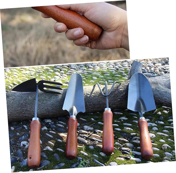 NUOBESTY 4pcs Mini Garden Tool Set with Thickened Iron Stoving Varnish Shovels and Wooden Handles for Planting and Pot Gardening