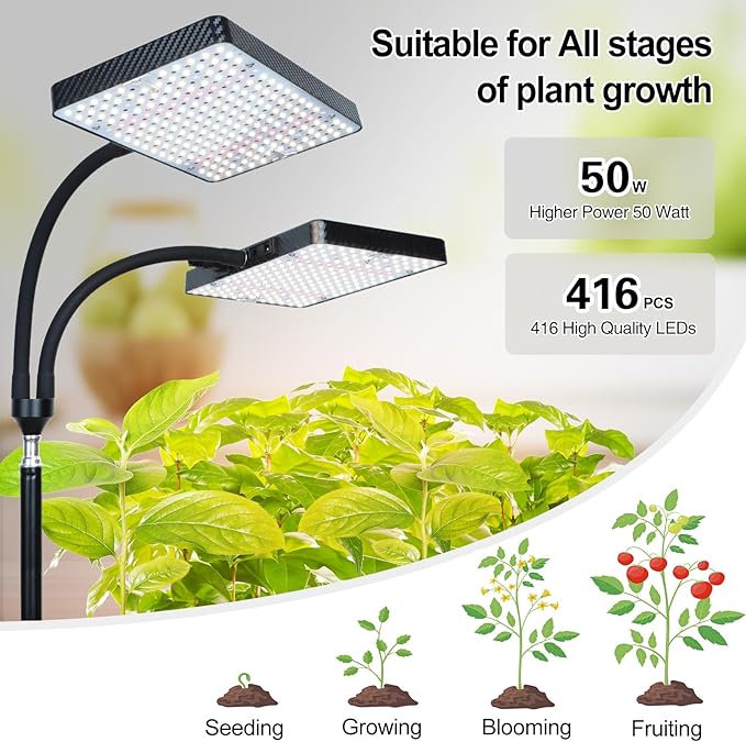2Head Grow Light with Stand 50 Watt Grow Lights for Indoor Plants Natural Sunlight Full Spectrum Plant Growing Lamps for Tall Houseplants &amp Bonsai Tree 4/8/12/16/20H 5-Mode Timer