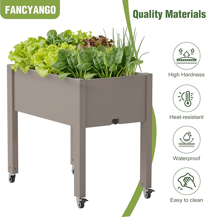 Raised Garden Bed with Legs 26.3 Tall Elevated Planter Box with Drainage Holes Water Gauge Lockable Wheels Weatherproof Resin Design for Vegetables and Flowers for Backyard Patio Balcony(Gray)