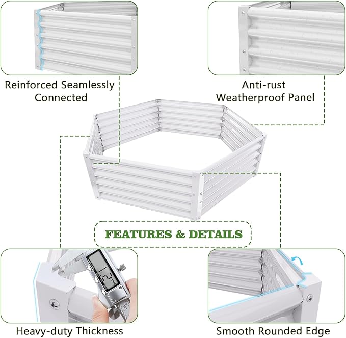 A ANLEOLIFE 3 Set Hexagon Galvanized Raised Garden Beds Outdoor70x60x18in Metal Planter Box for Planting Vegetables Flowers Herb Anti-Rust &amp Easy-Setup Antique White