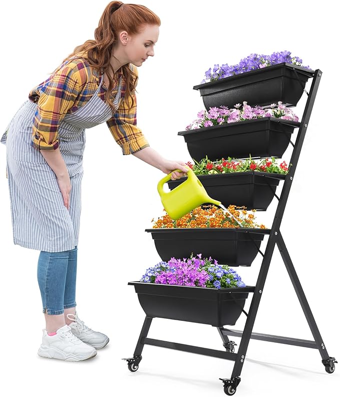 Vertical Garden Bed5 Tiers Vertical Raised Garden Planter with Drainage System &amp Removable Locking WheelsOutdoor Garden Raised BedVegetable Flower Planter Stand for Patio Yard Outdoor Greenhous