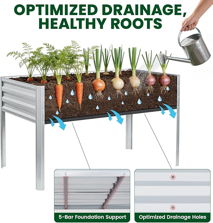 1MORE Elevated Raised Garden Bed with Legs 48×24×32in Large Metal Raised Bed for Backyard Patio Balcony. Raised Planter Box with Drainage Holes for Plants Vegetables Flowers Fruits(Sliver-2pcs)