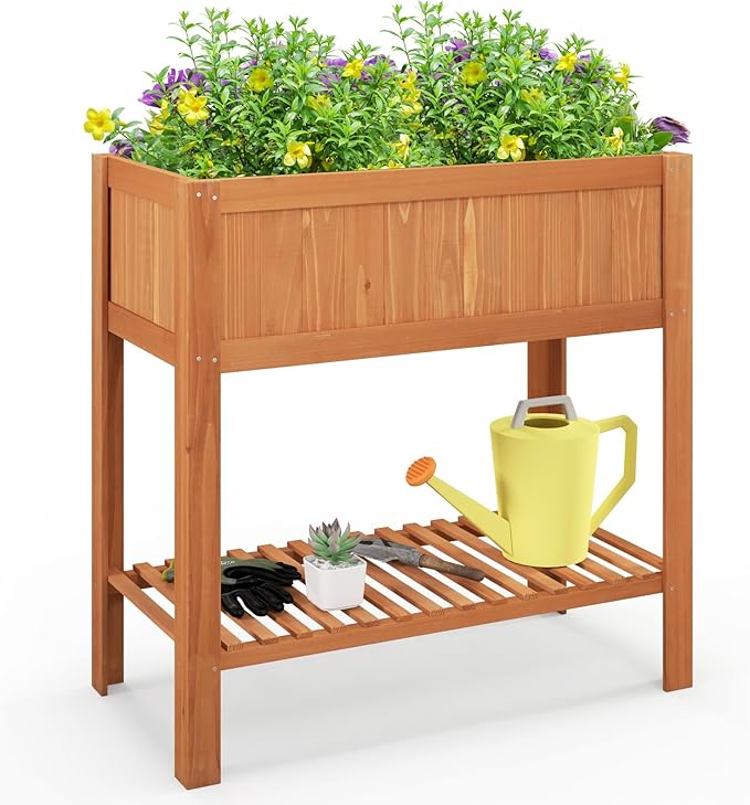 GRAFFY Raised Garden Bed with Shelf Raised Planter Box with Legs Wood Elevated Planter Box with Drain Holes Outdoor Planting Bed for Vegetable Flower Planting Container for Grass Lawn Patio