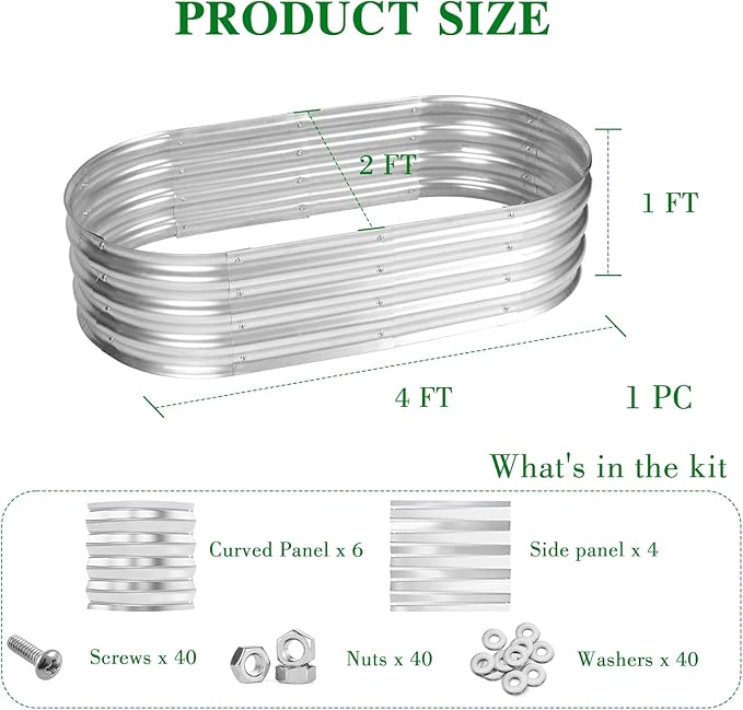 4 x 2 x 1 Ft Galvanized Raised Garden Bed Kit Outdoor Oval Planter Box for Vegetables Flowers Herbs Deep Rooted Silver