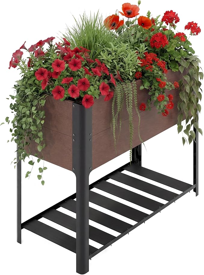 42 l x 33h HDPE Elevated Garden Bed with Storage Shelf - Wood Grain Finish All-Weather Standing Planter Box with Sturdy Black Aluminum Frame for Vegetables Herbs on Patio Balcony &amp Outdoors