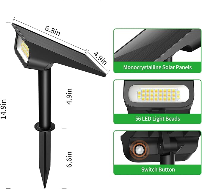 Solar Light Outdoor Waterproof IP65 56 LED 3 Color Modes Solar Spot Lights Outdoor Solar Powered Garden Lights for Outside Landscape Pathway Yard House Patio Garage Driveway Tree 2Pack