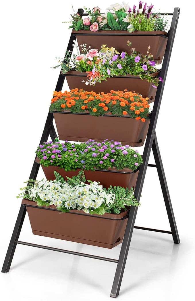 5-tier Vertical Garden Planter Box Heavy-duty and Powder-coated Iron Pipes Elevated Raised Bed with 5 Container Box Each Garden Planter Box 19.5'' x 7.5'' x 6.5''
