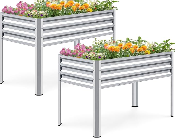 KING BIRD Large Raised Garden Bed with Legs Galvanized Elevated Planter Box 48×24×32 in for Backyard Patio Balcony 400lb Capacity Silver 2pcs