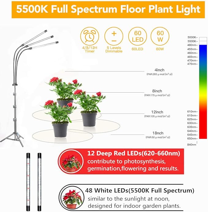 GHodec Grow Light with Stand 60 LED 5500K Full Spectrum Floor Plant Light for Indoor Plants Growing5 Dimmable Levels &amp Auto On/Off TimerTripod Stand Plant Lamp Height Adjustable