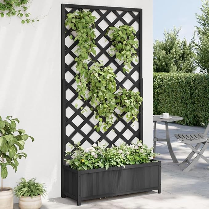 35.4x13.8x70.9 in Large Black Raised Planter Box with Trellis for Climbing Plants Solid Fir Wood Elevated Garden Bed Flower Vegetable Patio Outdoor Use