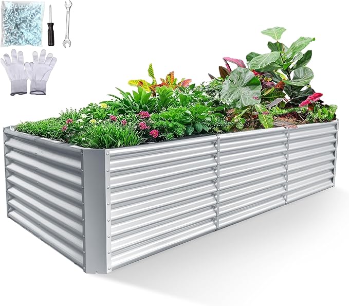 8x4x2ft Galvanized Raised Garden Bed Planter Raised Garden Boxes Outdoor Large Metal Raised Beds for Gardening Garden Bed for Vegetables Flowers Herb Silver