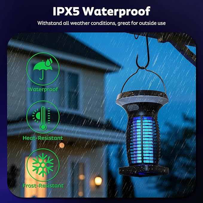 Solar Bug Zapper Outdoor Mosquito Zapper Outdoor Waterproof Electric Rechargeable Fly Zapper with Solar Panel 4200V Fly Trap Indoor for Home Backyard Patio Garden Camping