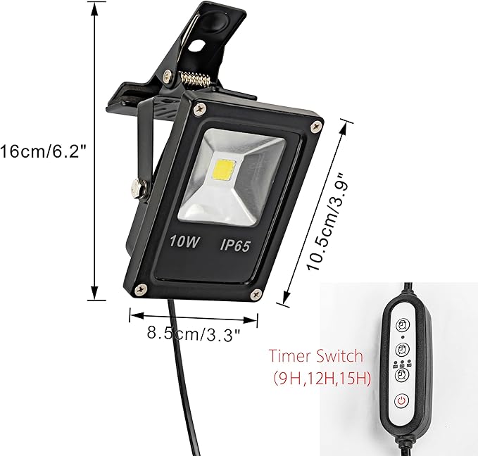 Set of Two 10W Spot Lamp Clamp Mount Full Spectrum Plant Growing Light 5.9 Ft Plug in Cord Timer Switch for Indoor Plants Promote Plant Growth