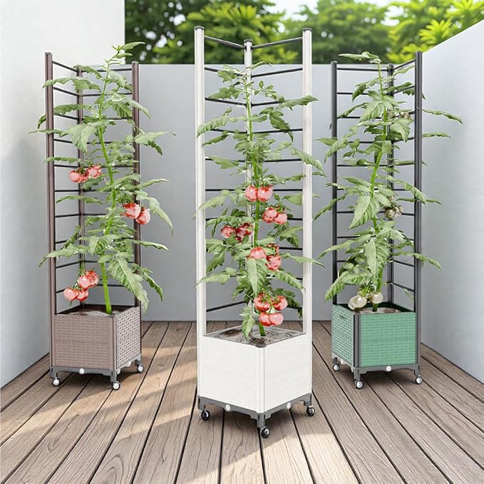 Plant Planters with Raised Bed Plastic Trellis with Wheels Outdoor Plant Climbing Frame for Tomato Rose Hydrangea Climbing PlantsGrey