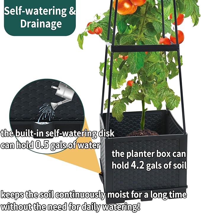 Tomato Cage with Trellis 43 H Tomato Planter Box Outdoor for Climbing Plants Flowers Potato Vine Vegetables Portable Self Watering Raised Garden Bed for Patio Greenhouse