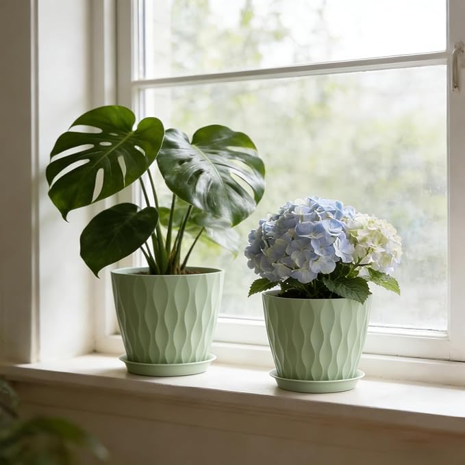 8 Inch Plant Pots with Saucers (4 Pack) - Modern Ribbed Flower Pots for Indoor Plants - Sturdy Decorative Planters for Snake Plant &amp Flowers - Drainage Holes (4 Green)
