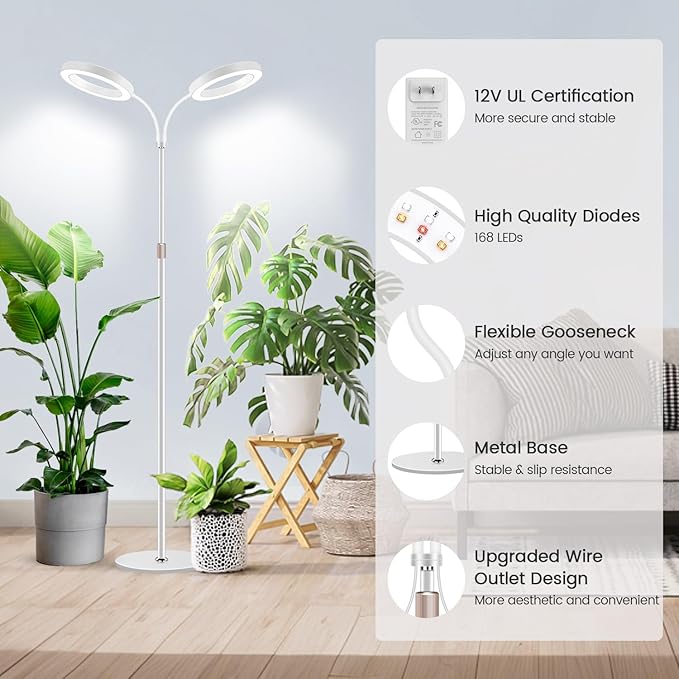Garpsen Grow Lights for Indoor Plants Dual-Head Full Spectrum LED Plant Light with Stand 3 Color Modes Grow Lamp with Timer 6/12/16H 5 Dimmable Levels 168 LEDs and 67''Height Adjustable(White)