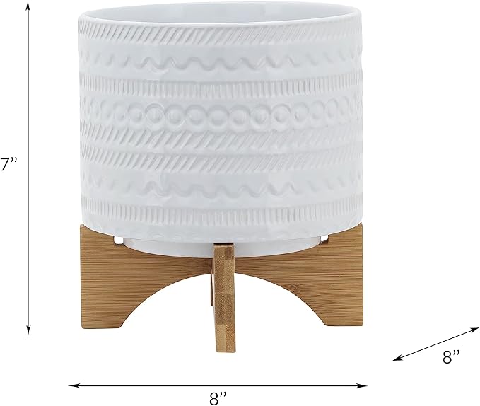 8 Tribal Planter W Wood Stand White