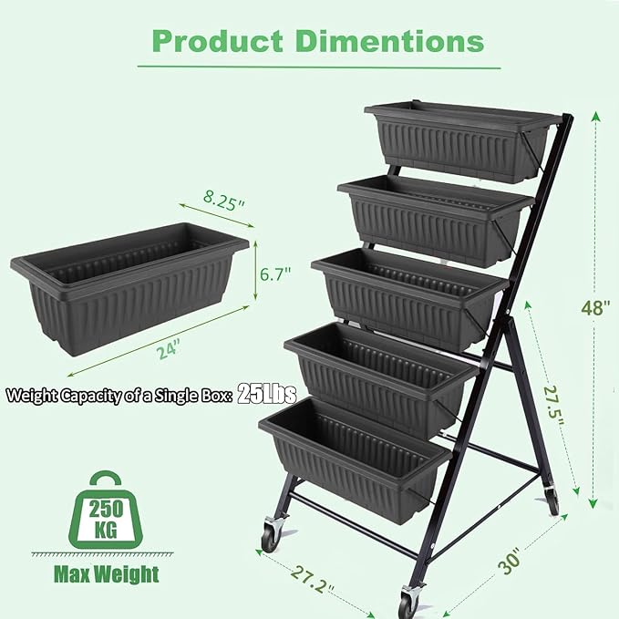 Homdox 2 Pack Elevated Garden Bed 5-Tier Freestanding Vertical Raised Bed for Gardening 5 Garden Planter Boxes &amp 5 Hooks Perfect to Grow Vegetables Herbs Flowers Outdoor Indoor Black with Whee