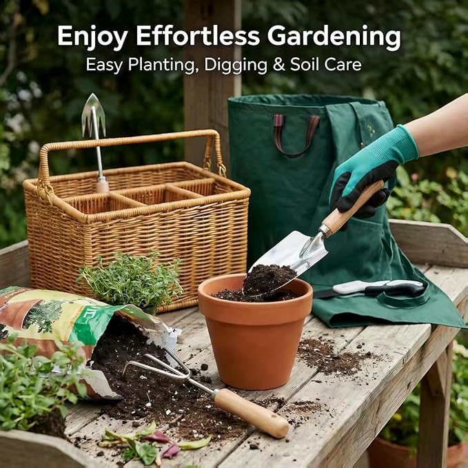 All-in-One Garden Tool Set with Basket 9-Piece Stainless Steel Garden Tools with Wooden Handles Gardening Gift Set