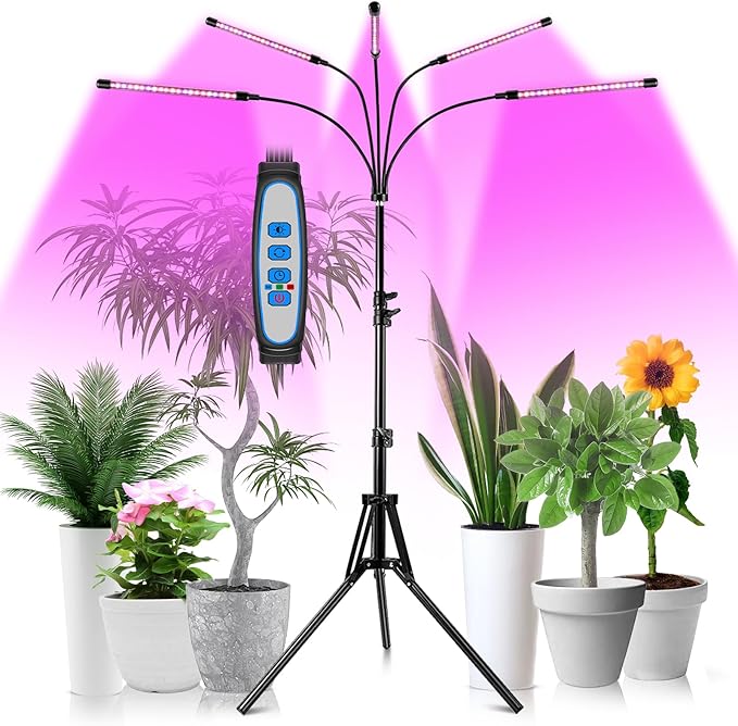 Garpsen Grow Light with Stand 5 Heads Grow Lights for Indoor Plants 100 LEDs Full Spectrum Led Plant Light for Seed Starting with 15-63 Adjustable Tripod&amp6/12/16H Timer(No Clip)