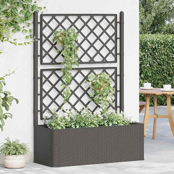 Raised Bed Anthracite Plastic (PP) Trellis Planter Self-Watering 39.4 x 16.9 x 55.9 in for Outdoor Plants Gardening