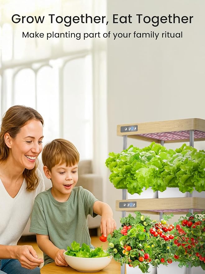 Solid Wood Hydroponic Garden Kit 32-Pod Indoor Grow Station with Full-Spectrum LED 4 Separate Water Reservoirs Countertop Herb and Vegetable Planter for Home