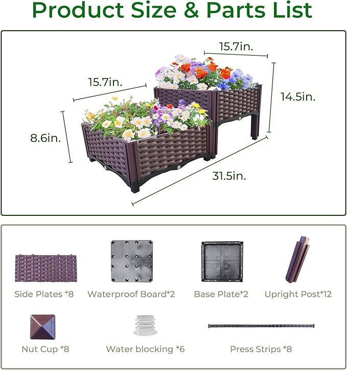 Plastic Raised Garden Bed Set of 2 Planter Grow Boxes 14.5 H Elevated Garden Boxes for Indoor &amp Outdoor Patio Vegetable Fruit Flower Herb