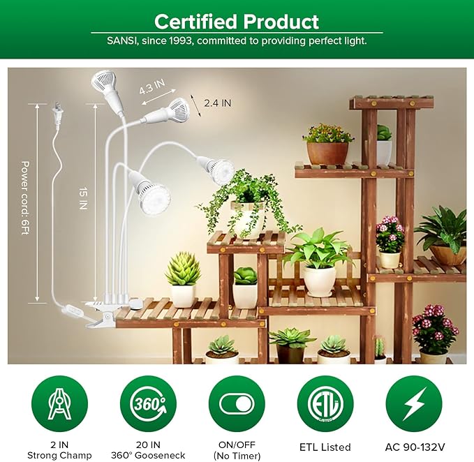 SANSI LED Grow Lights for Indoor Plants 600W Full Spectrum Clip-on Gooseneck40W Plant Light High PPFD Lifetime Free Bulbs Replacement White+Puck Grow Light 10W (150 Watt Equiv) 2-Head Grow Lamp