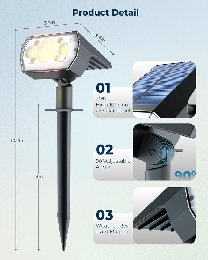 6 Packs Solar Spot Lights Outdoor 64 LED 3000K Solar Lights Outdoor IP67 Waterproof Adjustable Brightness Dusk to Dawn Solar Spotlights for Garden Yard Lawn Walkway Driveway - Warm White