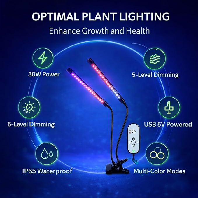 Plant Grow Light Dimmable Dual Head Clip On LED Lamp 30W Full USB Powered - Adjustable Brightness Timing Functions Indoor Gardening