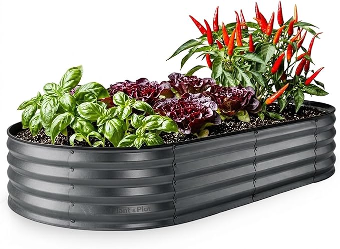 Plant &amp Plot Galvanized Raised Garden Beds Outdoor // 6×3×1 ft Planter Raised Beds for Gardening Vegetables Flowers // Large Metal Garden Box // Patented Tool-Free Design (Dark Gray)
