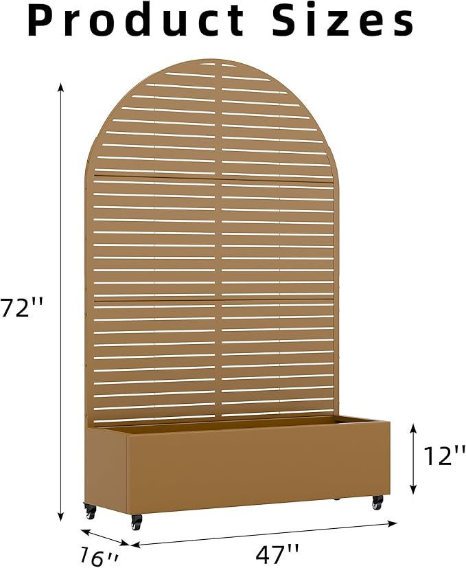 Casaphoria Metal Raised Garden Bed with Trellis and Wheels 72x47x16 Arched Planter Box for Climbing Plants Vegetables &amp Vines Features Drainage Holes and Privacy Screen (Brown-Louvered)