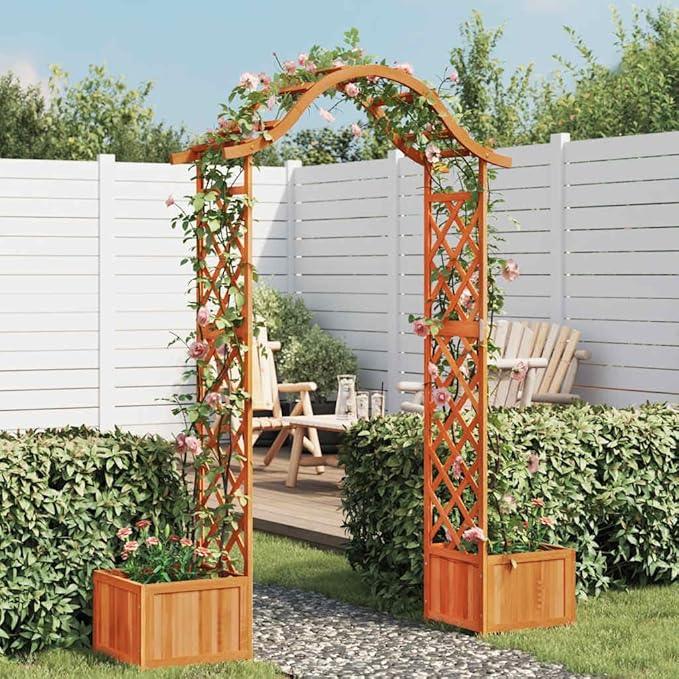Wooden Garden Pergola with Planter Solid Firwood Planter with Trellis Outdoor Raised Garden Bed for Plants Hanging Flower Baskets Brwon-250