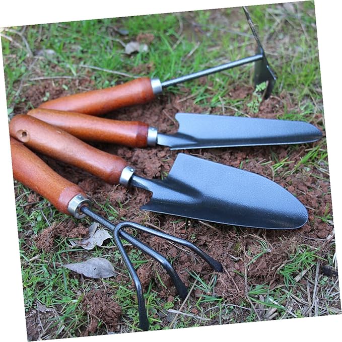 TIDTALEO 4pcs Garden Tool Set Small Spade Shovel with Extended Narrow Blade 3-Claw Rake Dual-use Pointed Hoe and Soil Scoop for Gardening and Planting