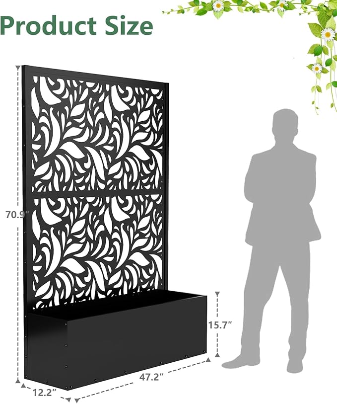 Metal Planter Box with Trellis70.9x47.2x15.7 Raised Garden Bed with Drainage Holes Privacy Planters for Outdoor Garden Bed for Climbing PlantsVegetablesand Vines Black-Flower