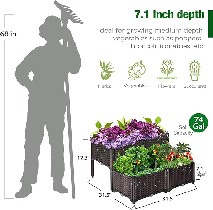 Raised Garden Bed with Legs Elevated Plastic Planter Box for Outdoor Plants Flowers Vegetables and Herbs