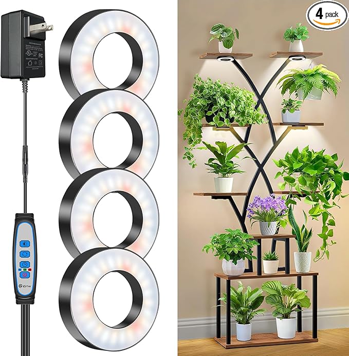 Wiaxulay Grow Lights for Indoor Plants 192 LED Full Spectrum Plant Lights for Indoor Growing 12V/2A Under Cabinet Grow Lamp with Auto Timer 6/12/16 Hrs 3 Lighting Mode 5 Brightness Four Head