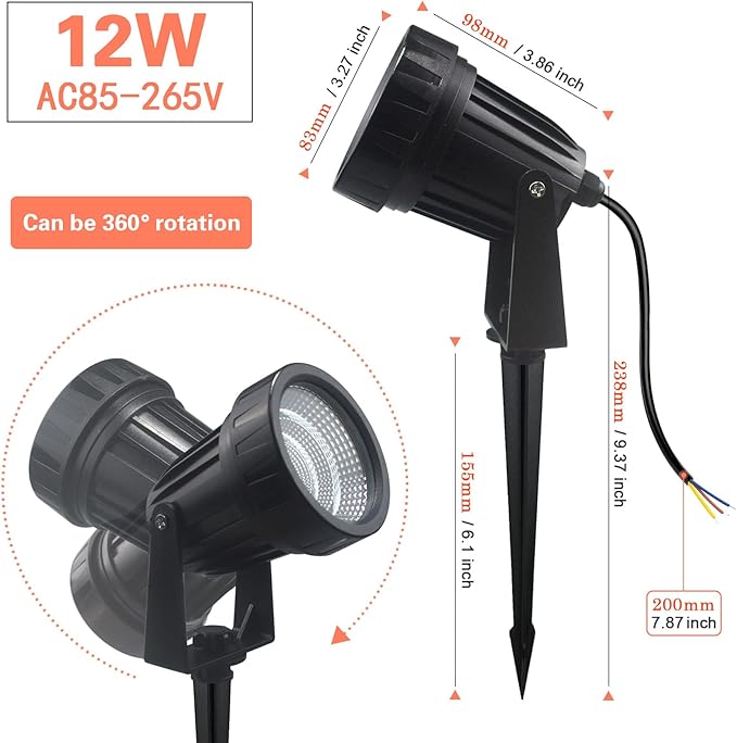 Outdoor Landscape LED Lighting 12W Waterproof Graden Lights COB Led Spotlights with Spiked Stand for Lawn Decorative Lamp Self wiring 85-265V 3000K-6000K Lawn Lights (4 Packs) (Daylight white 6000K)