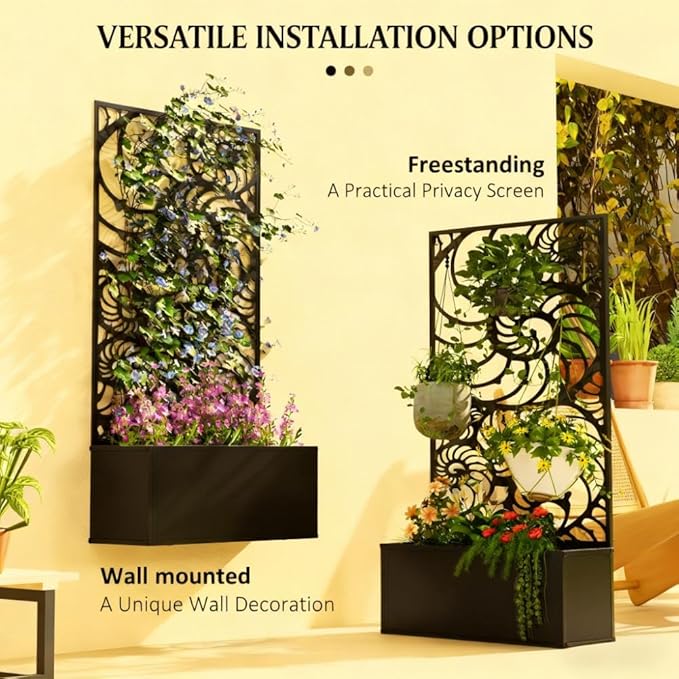 Freestanding or Wall Mounted Planter with Trellis Metal Garden Bed for Climbing Plants Flexible Installation for Patio Balcony &amp Small Spaces (Conch)