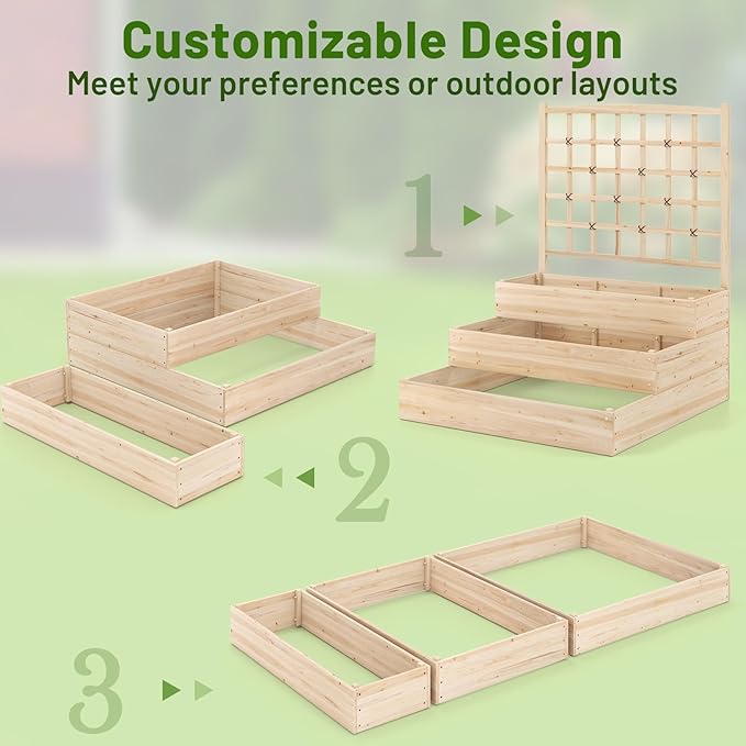 Giantex 3-Tier Raised Garden Bed with Trellis and 3 Planter Boxes Outdoor Open-Ended Wood Raised Bed for Planting and Vines Flowers Vegetables Growing 44x45x56